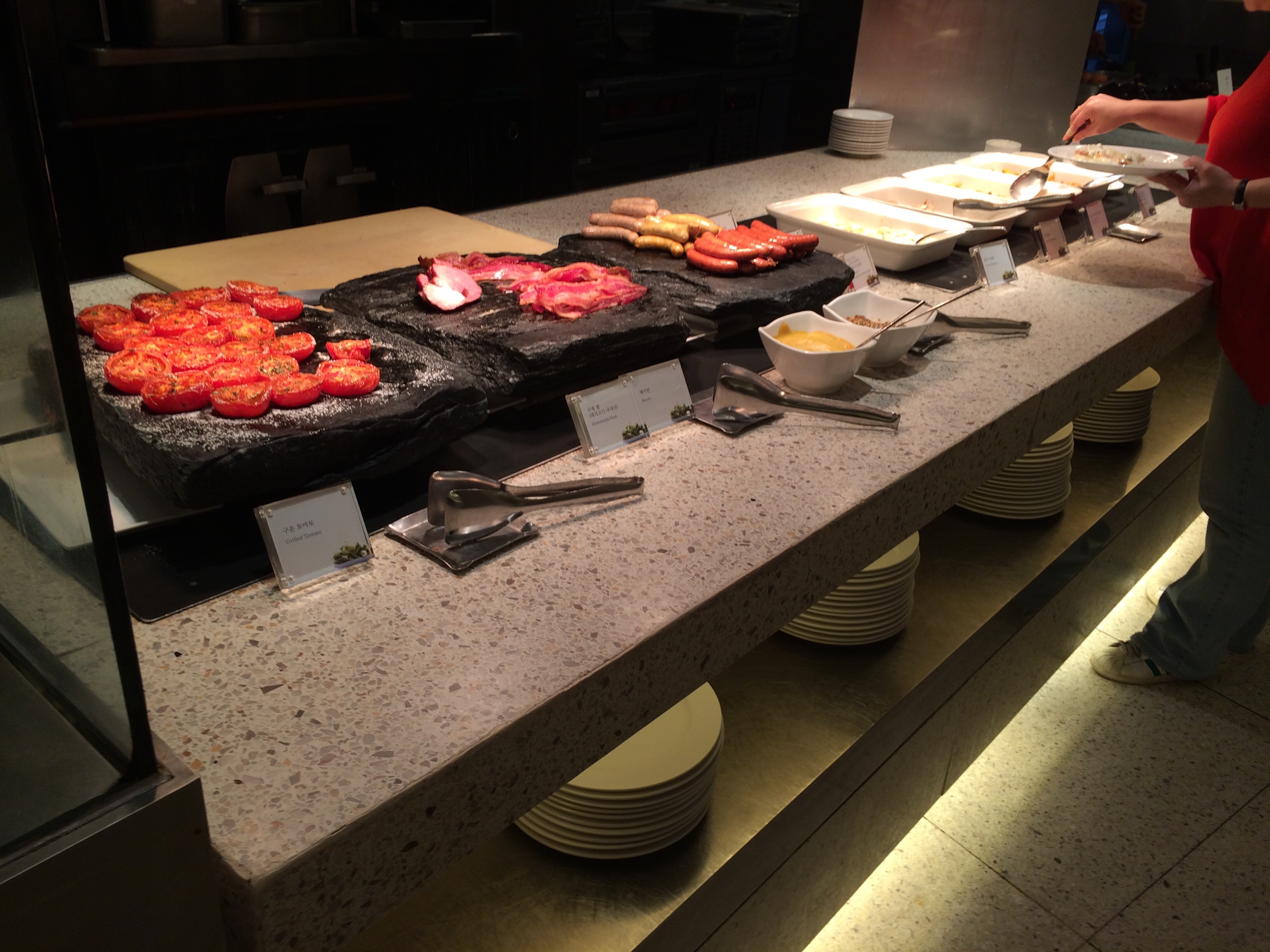 a buffet table with food on it