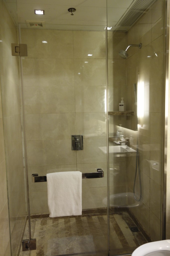 a glass shower with a towel on the glass door