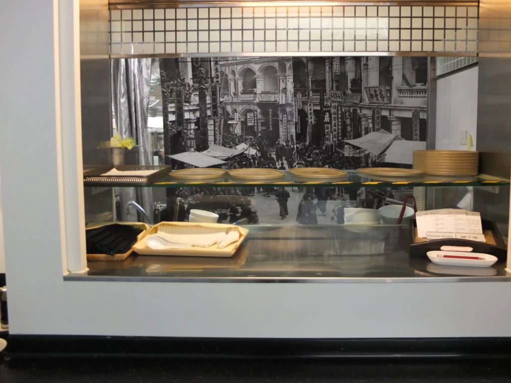 a display case with plates and plates on it