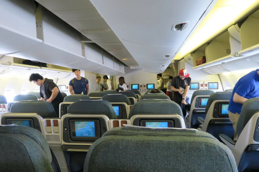 a group of people in an airplane