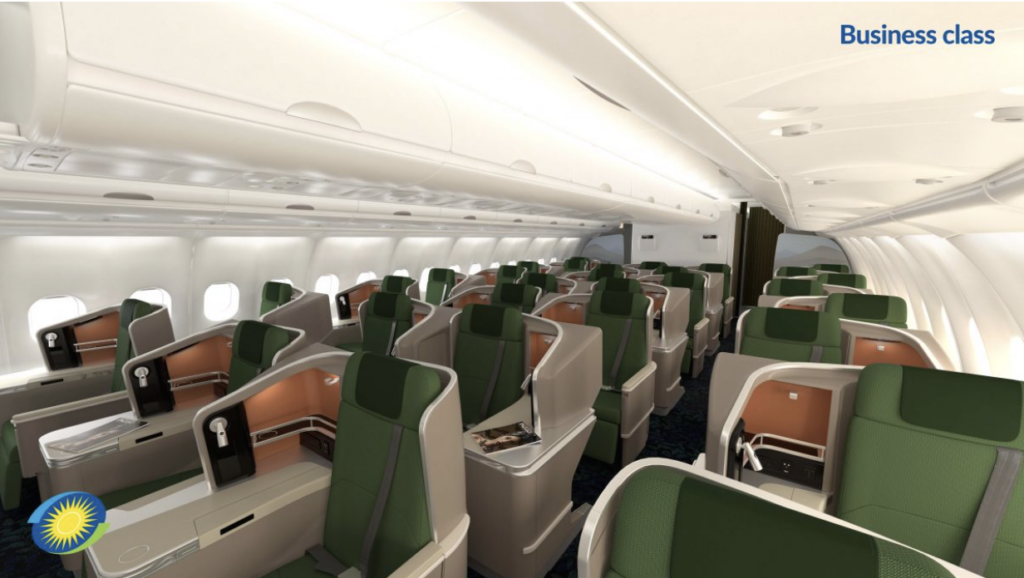 a plane with green seats