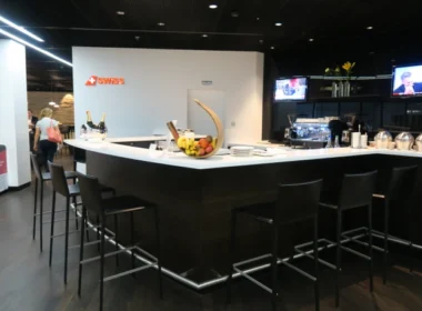 a bar with a bowl of fruit on top