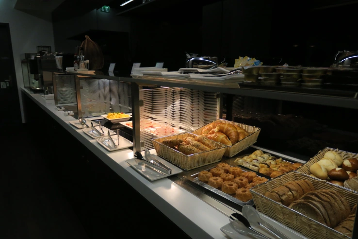 a buffet with food on it