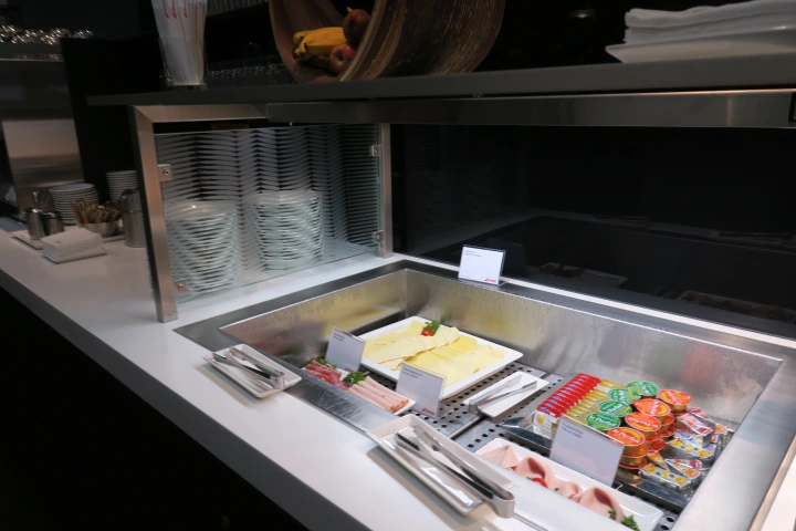 a buffet with food on the counter