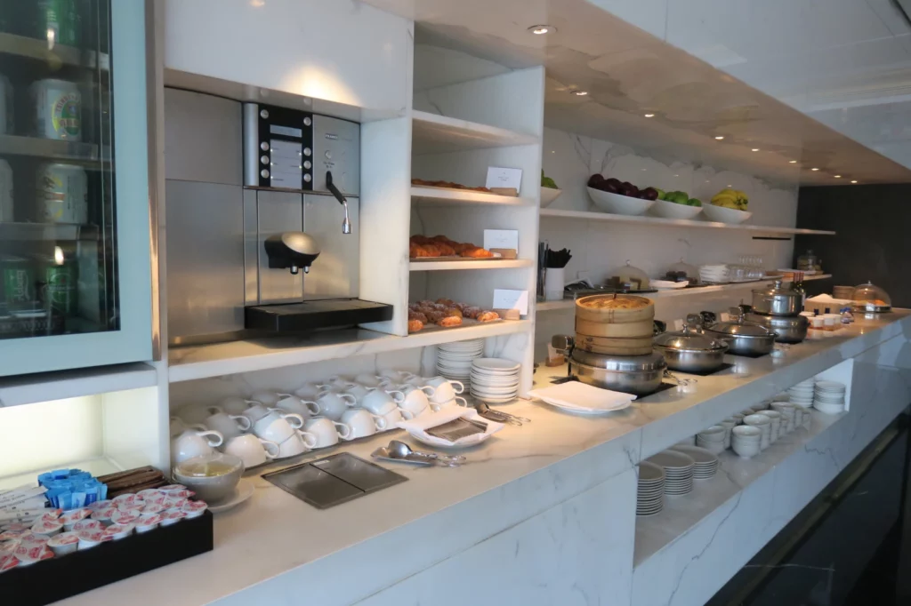 a buffet with food on shelves