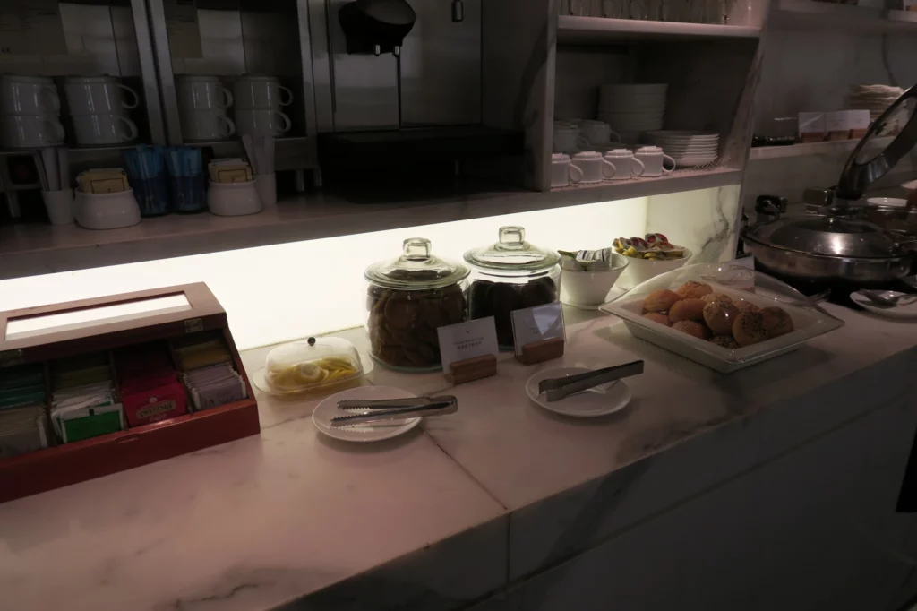 a counter with food on it