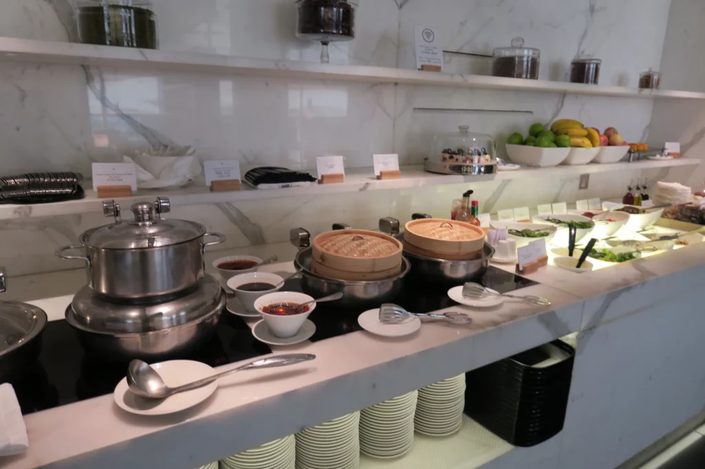 a buffet with food on the counter