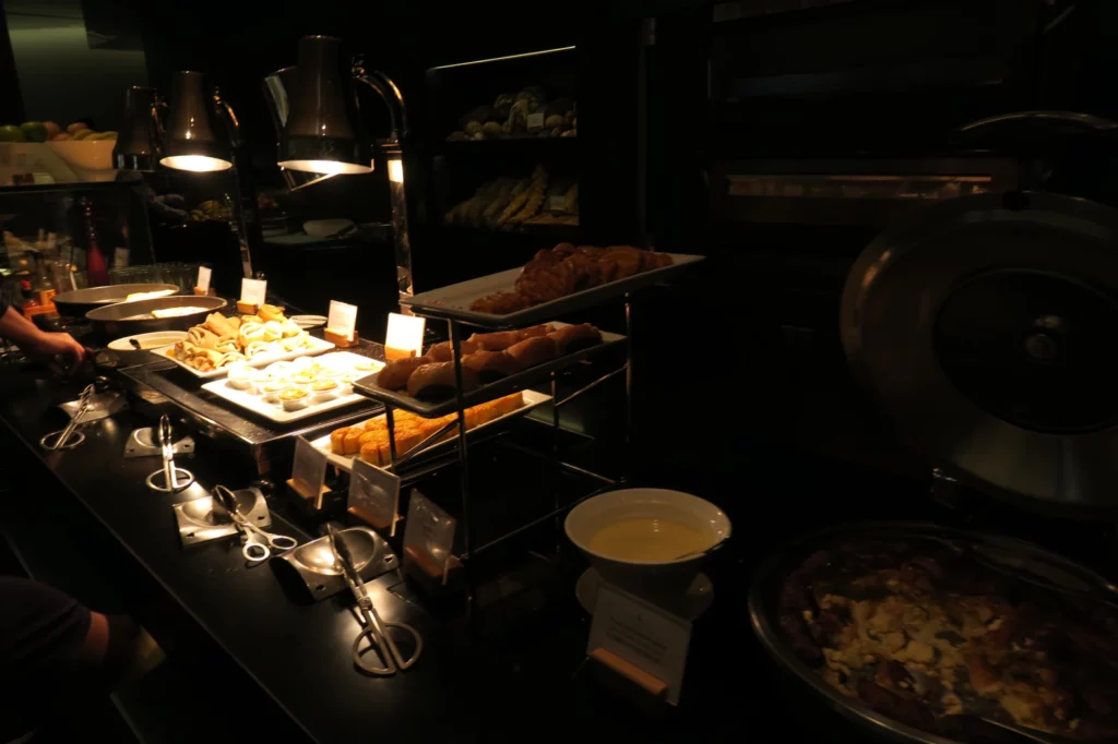 a buffet table with food on it