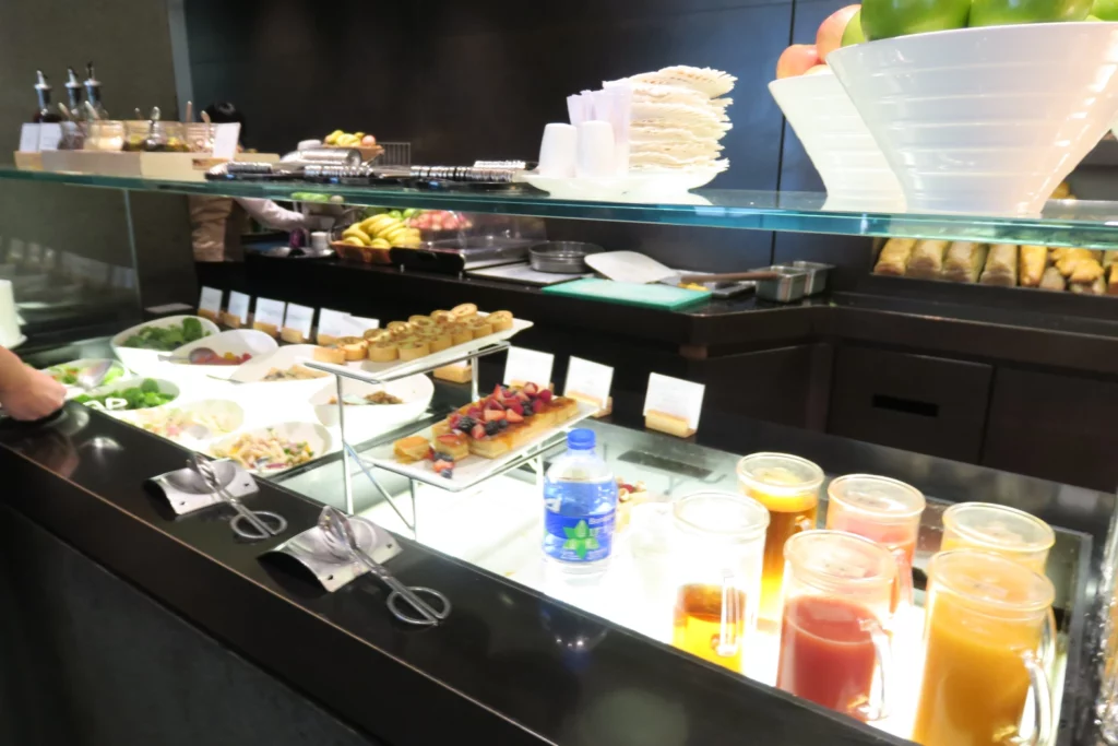 a buffet with food on shelves