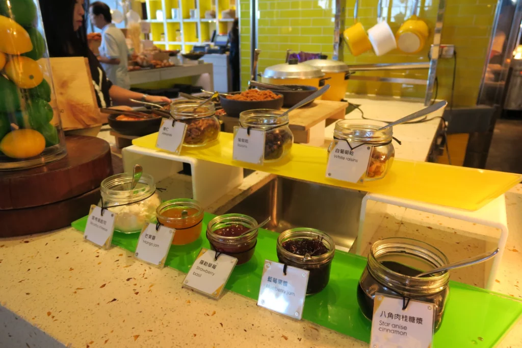 a counter with jars of food on it