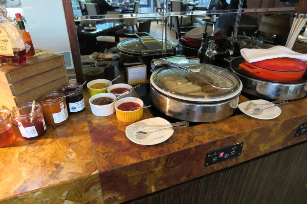 a buffet table with food on it