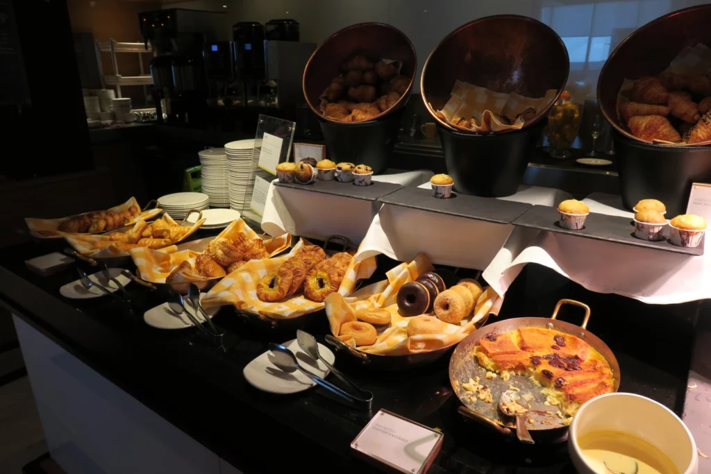 a buffet table with food on it