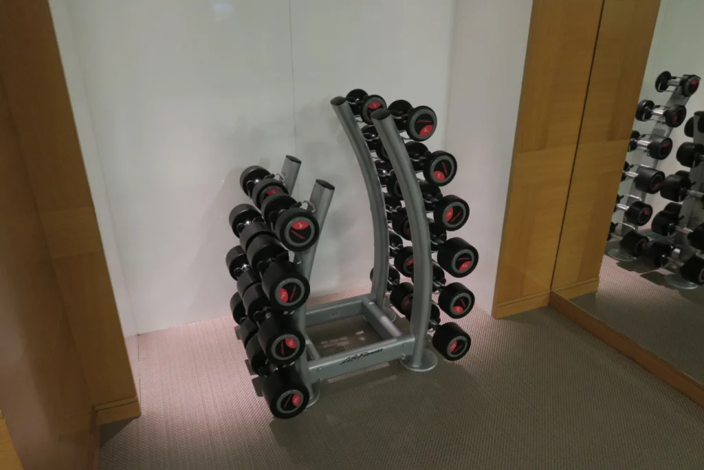 a rack of dumbbells in a room