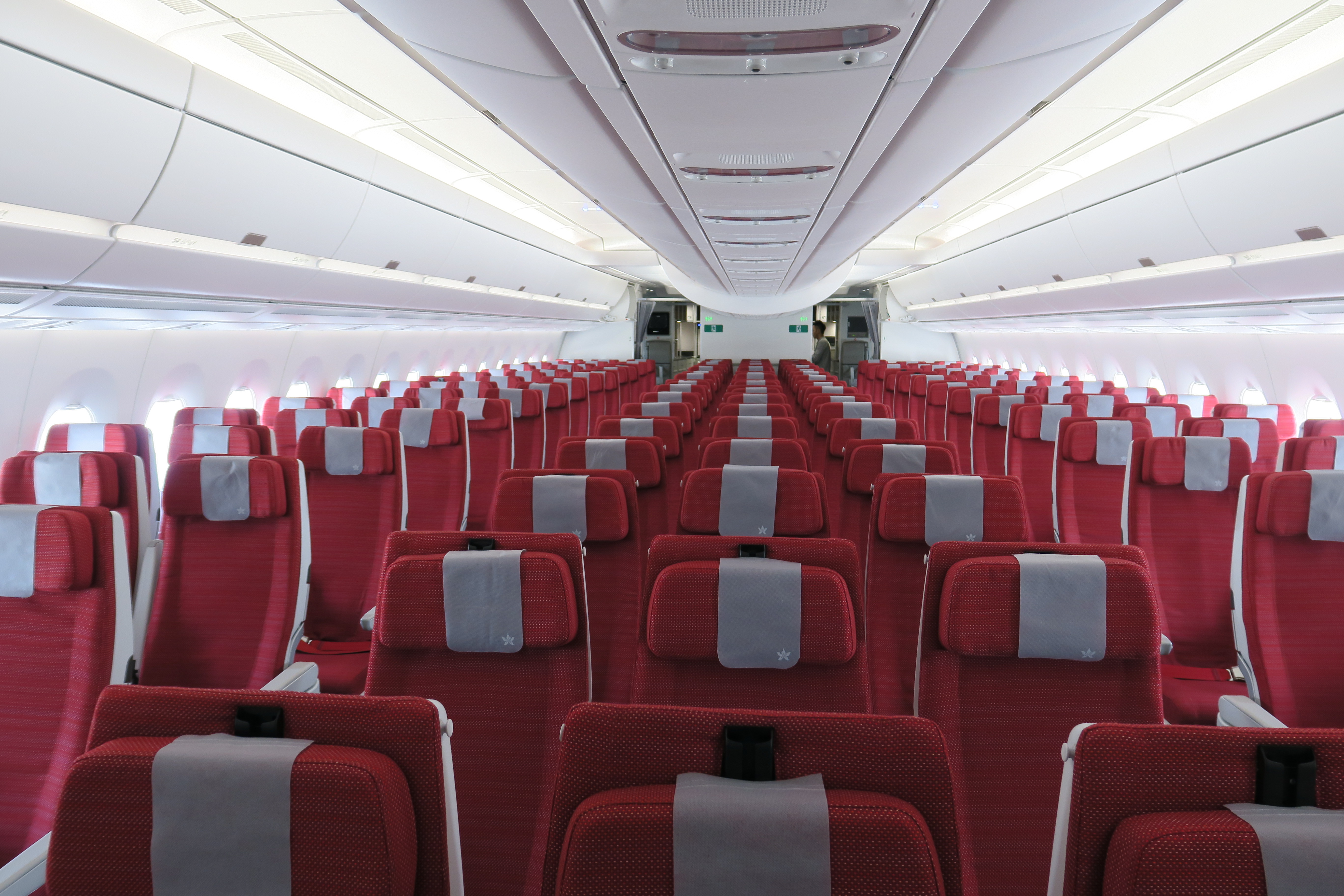 a plane with red seats