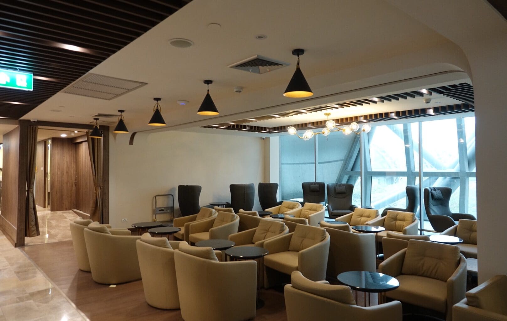 a room with chairs and tables