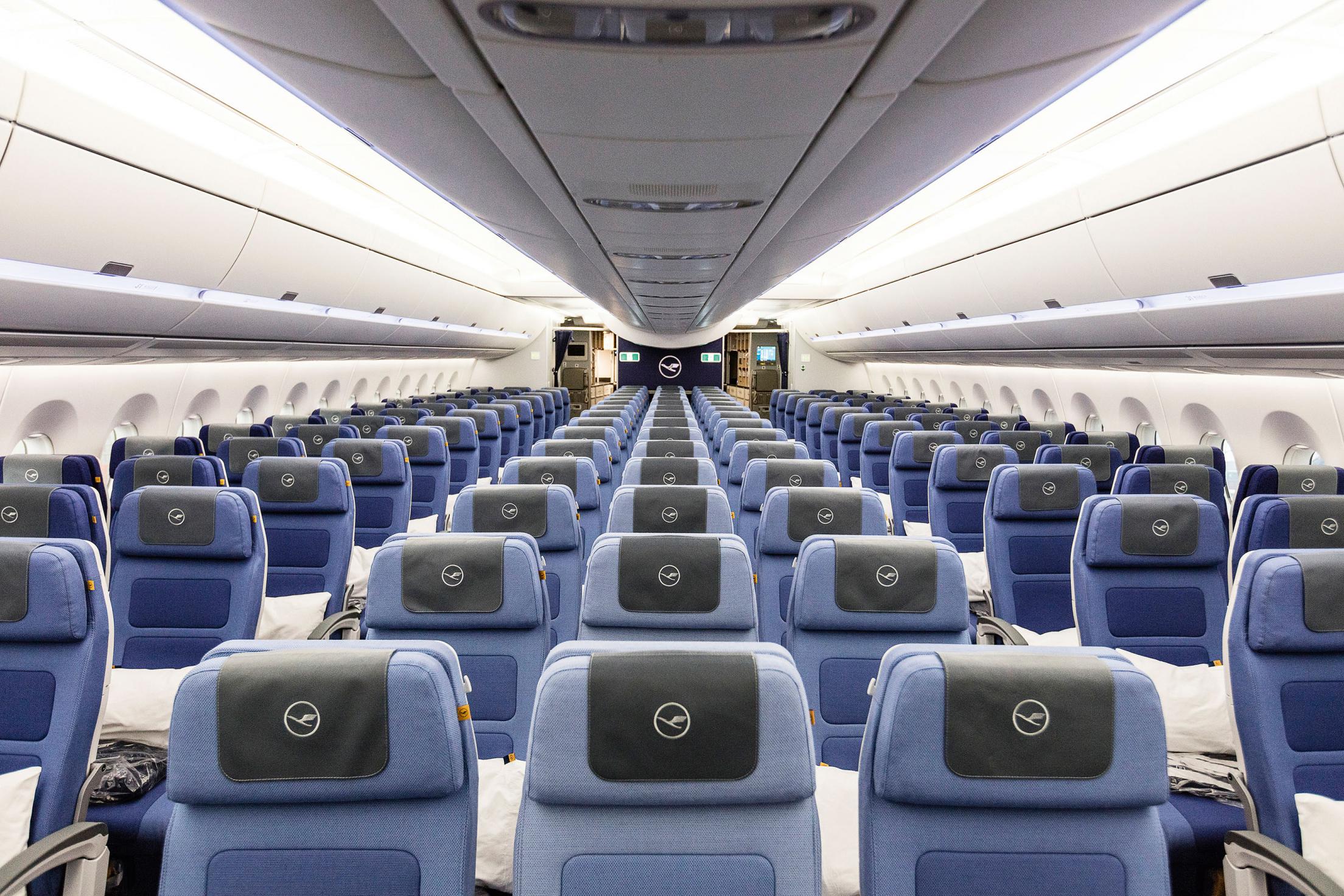 a plane with blue seats