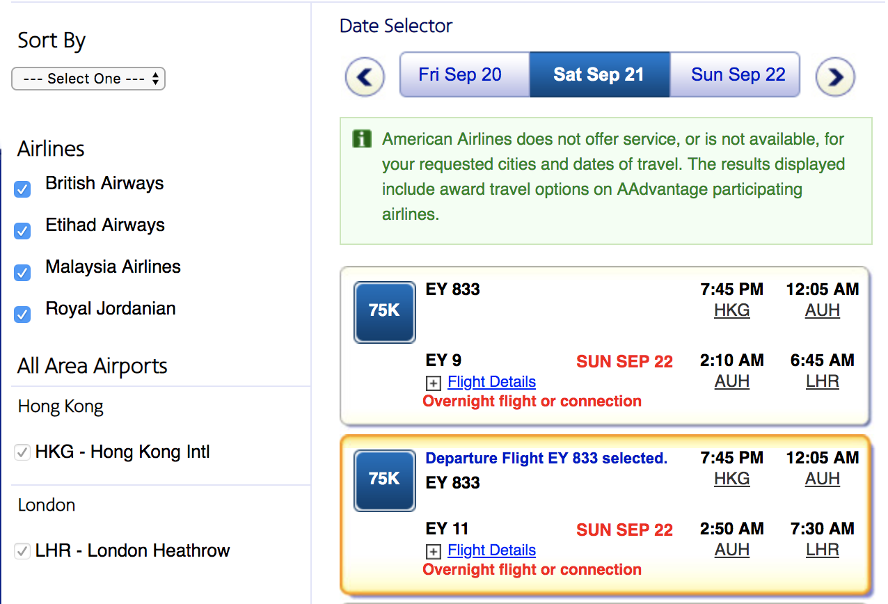 a screenshot of a flight selection