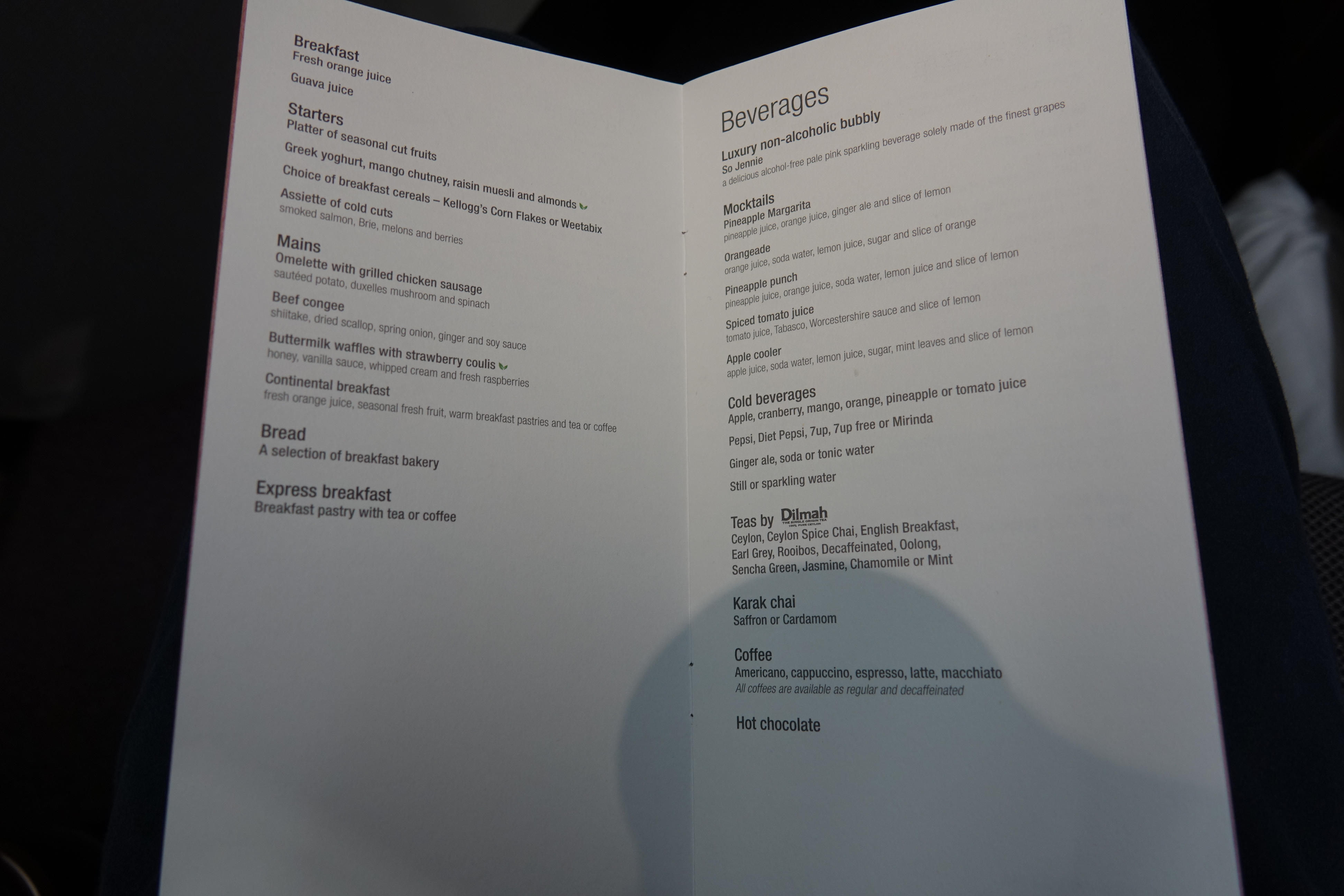 a menu with black text