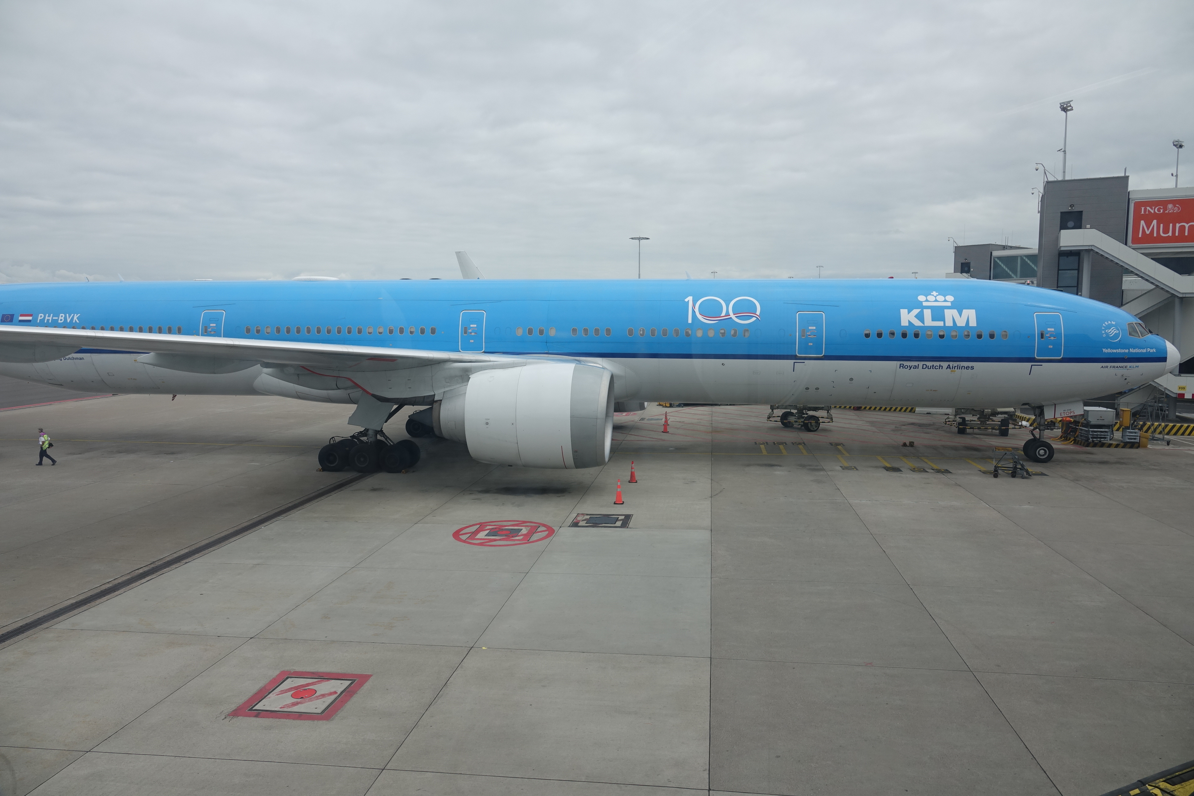 a large blue airplane on a runway