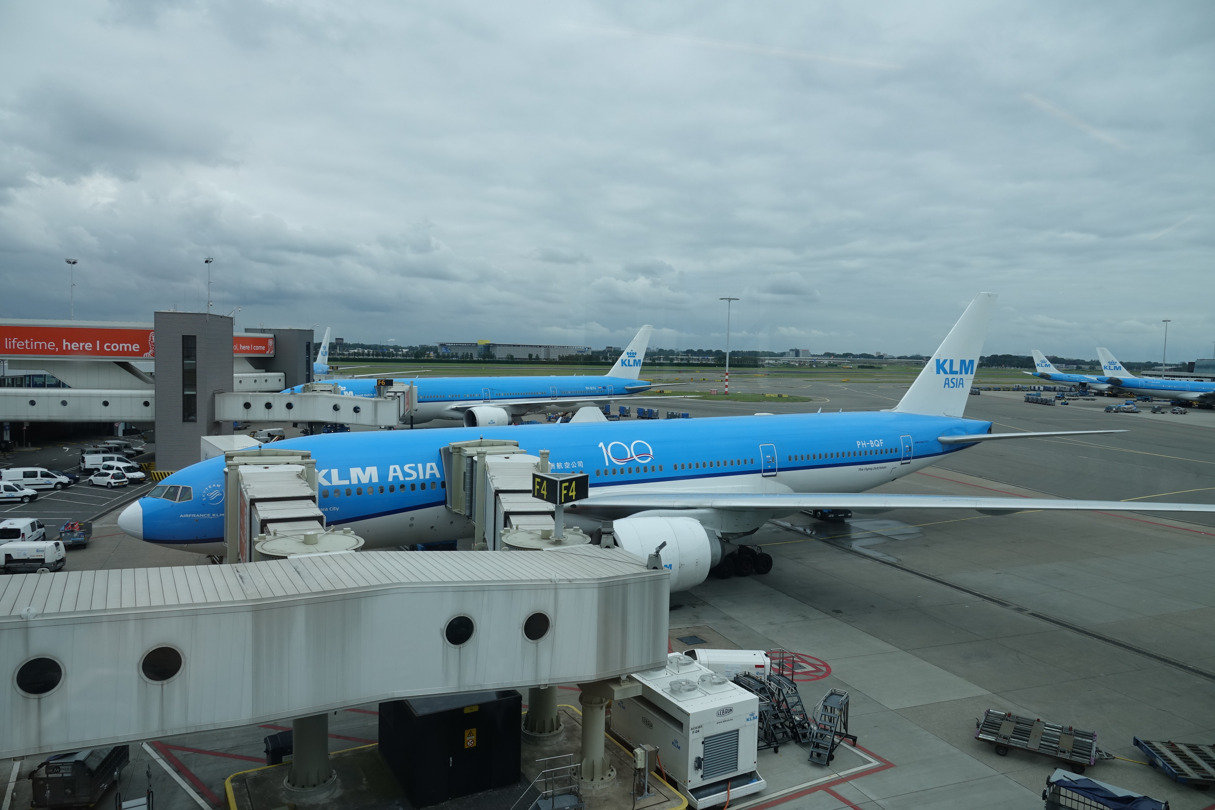 a blue and white airplane at an airport