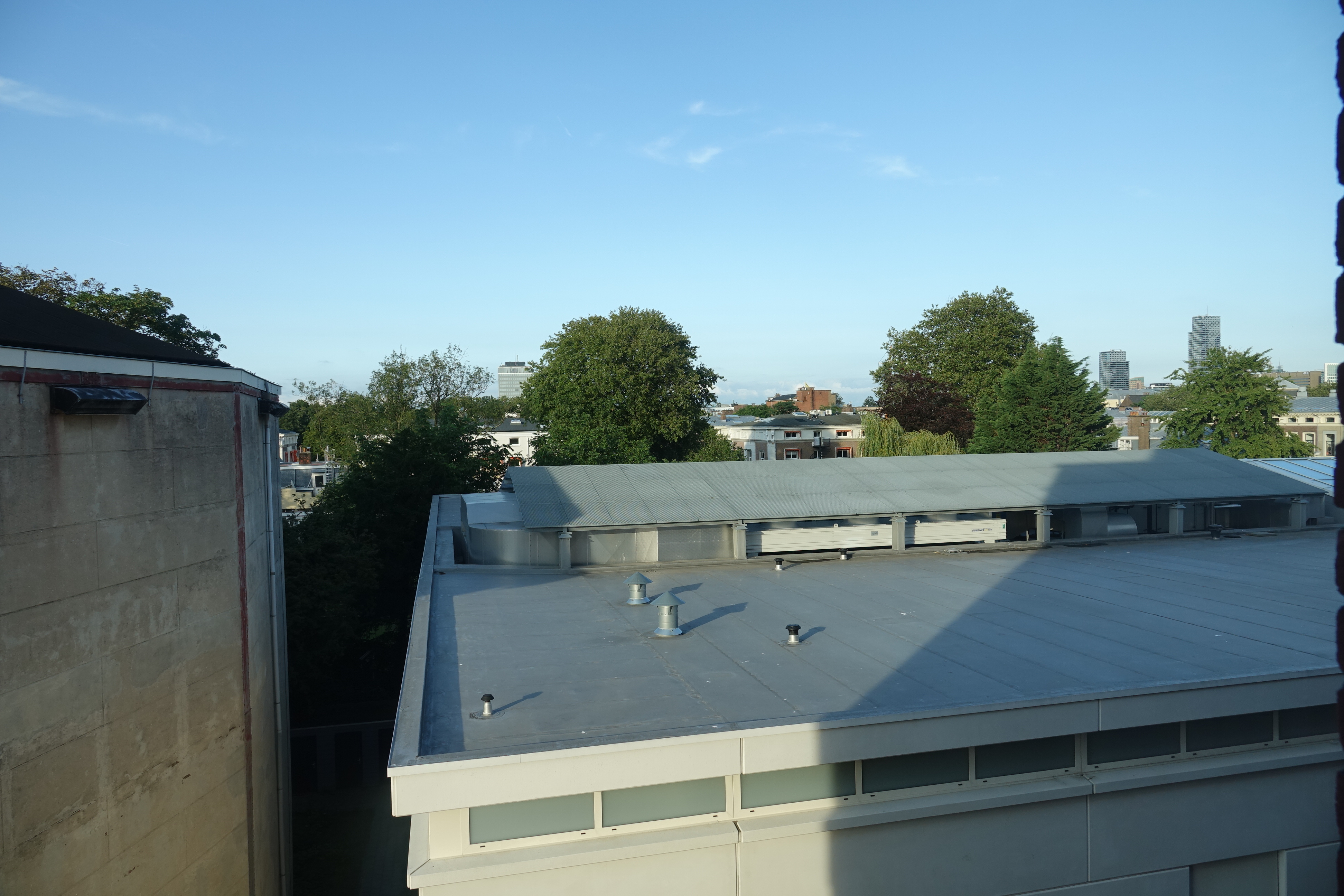 a roof of a building with trees in the background