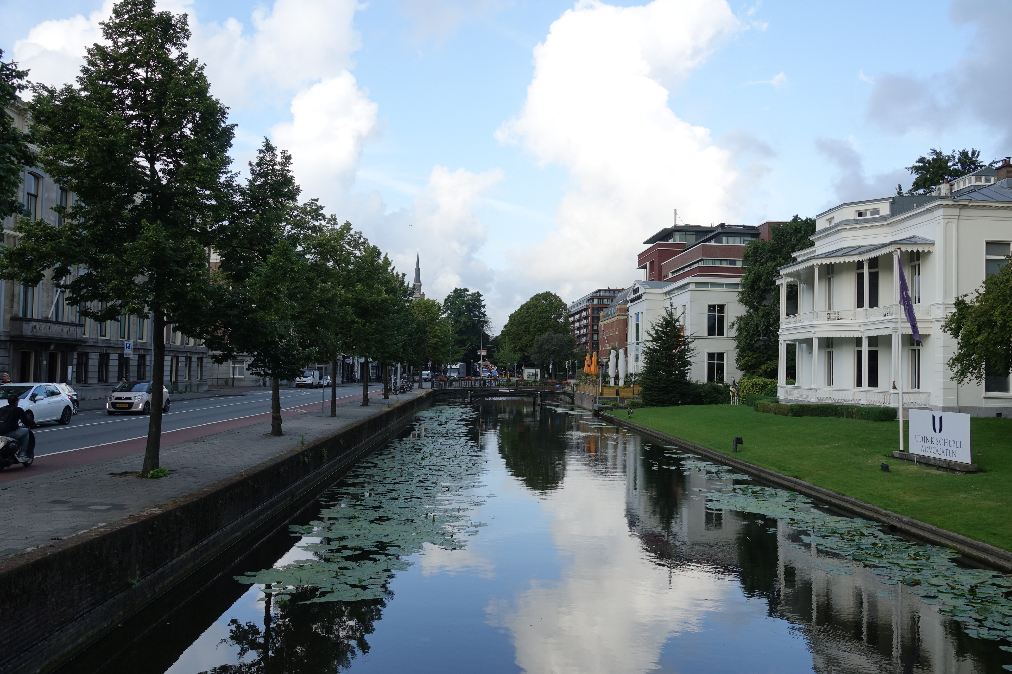 a water channel with buildings and trees