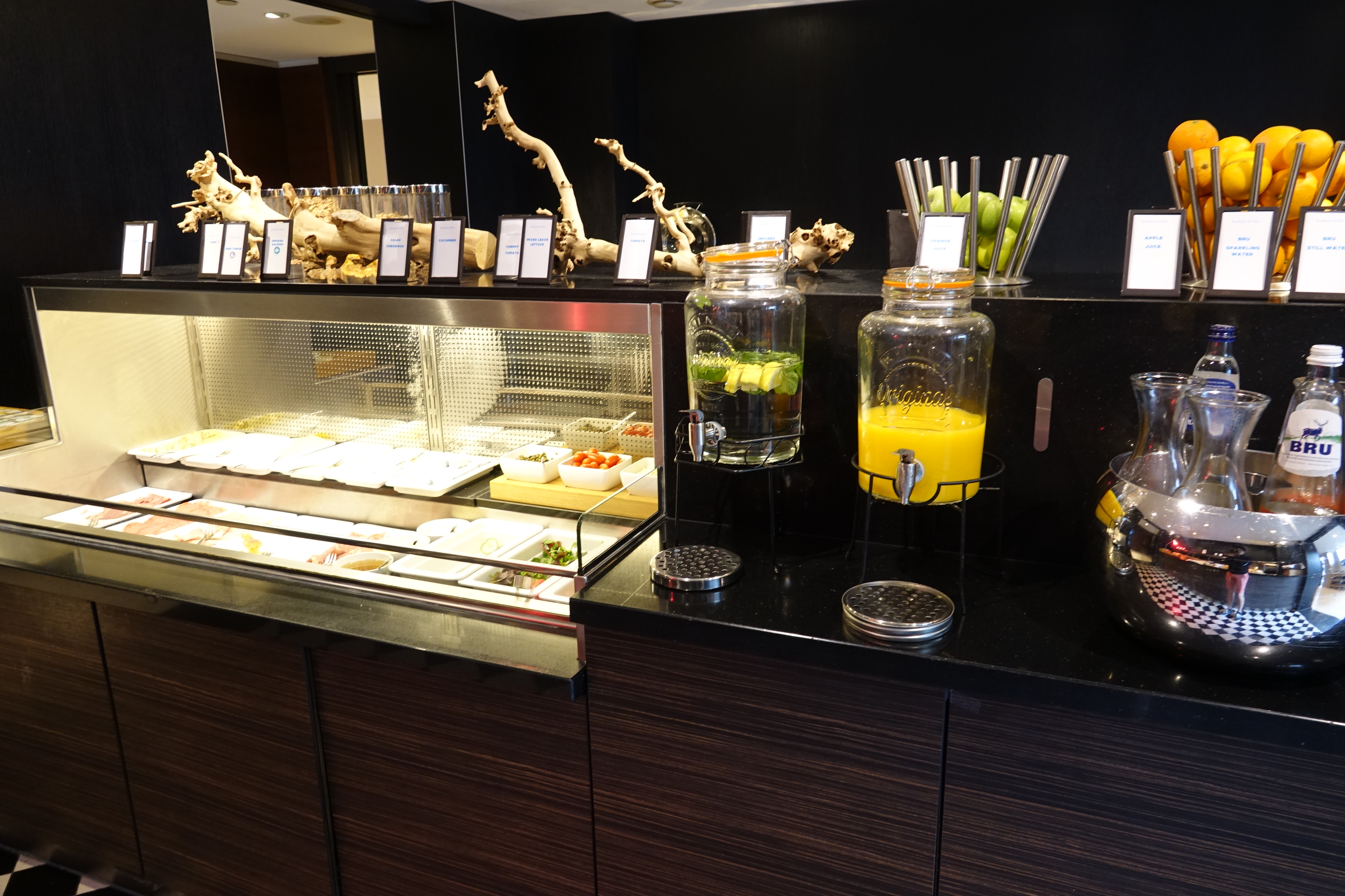 a buffet with food on the counter