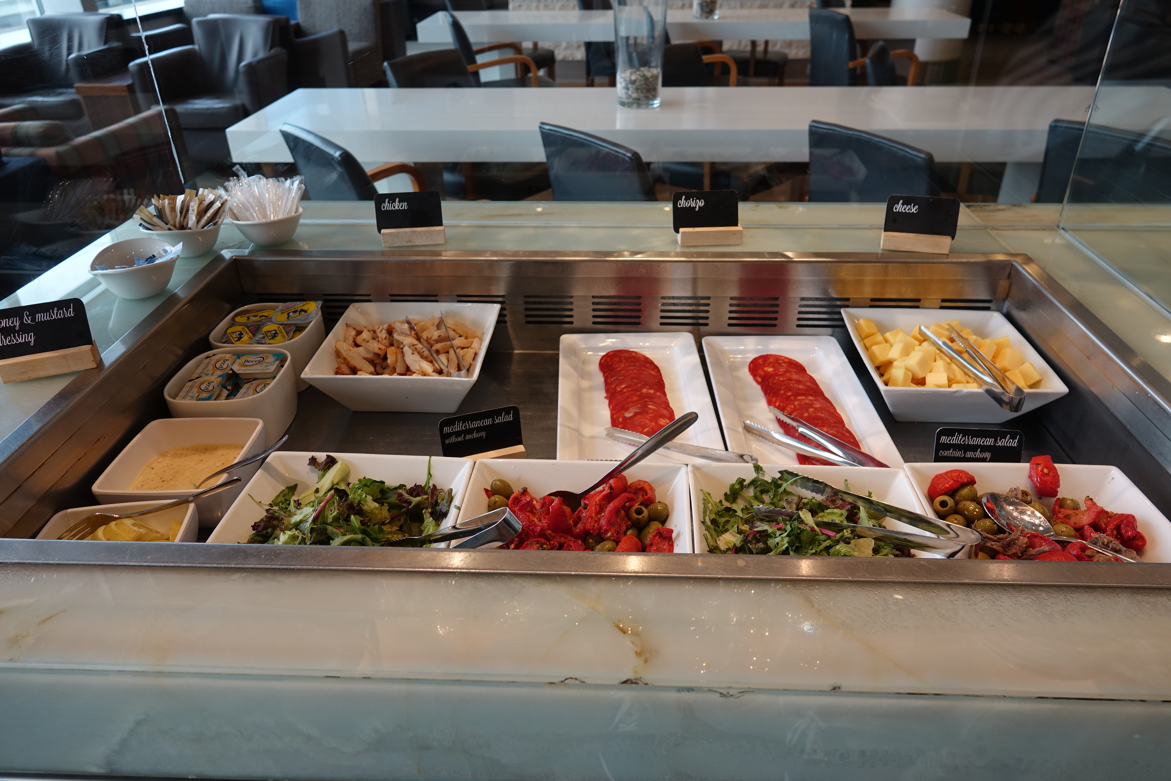 a buffet with different food items