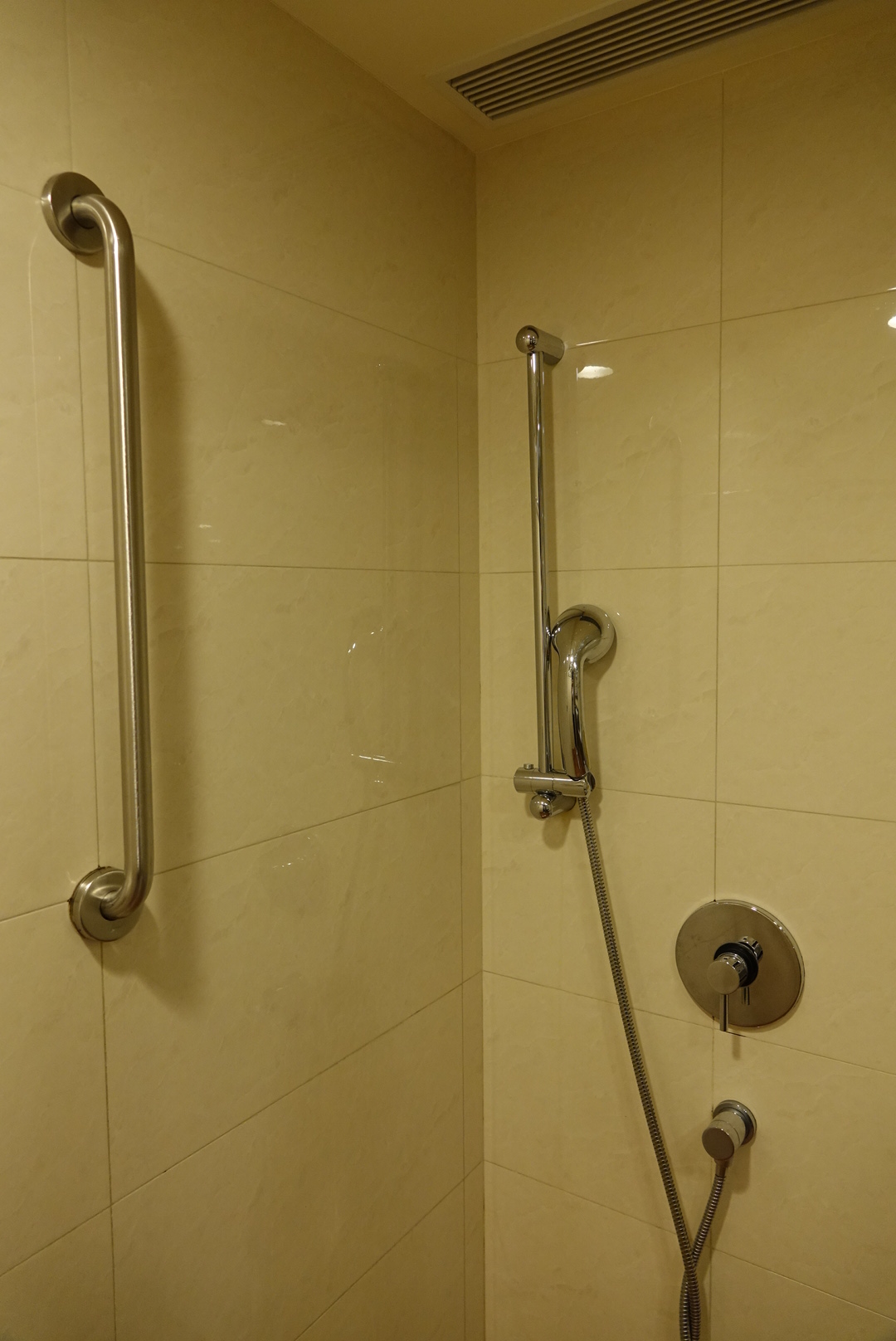 a shower with a handrail and a hose