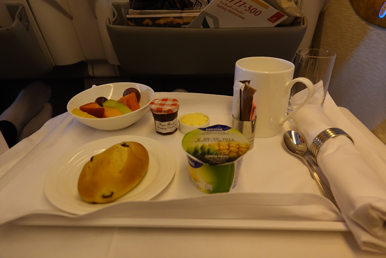 a tray with food and drinks on it