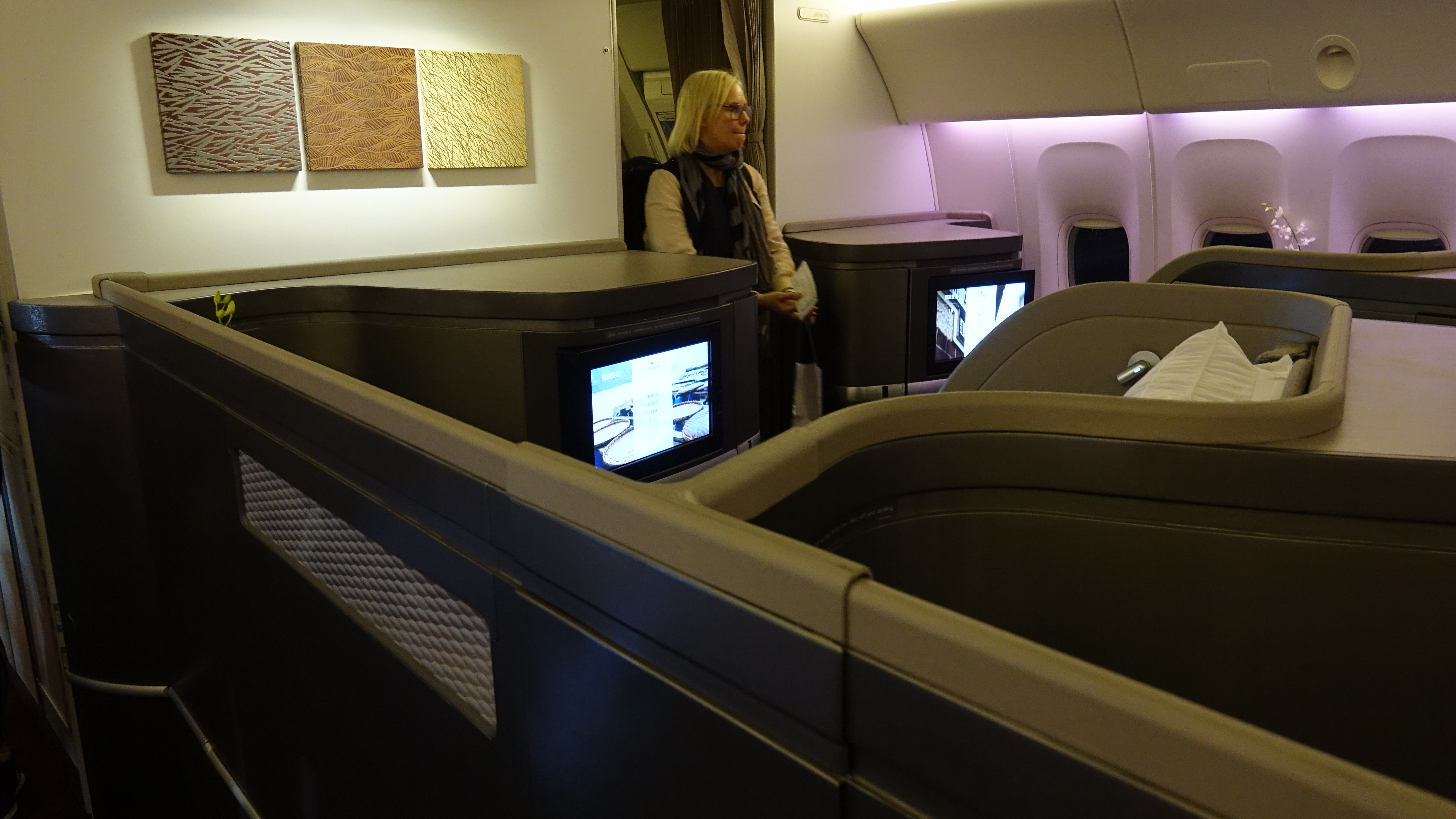 a woman standing in an airplane