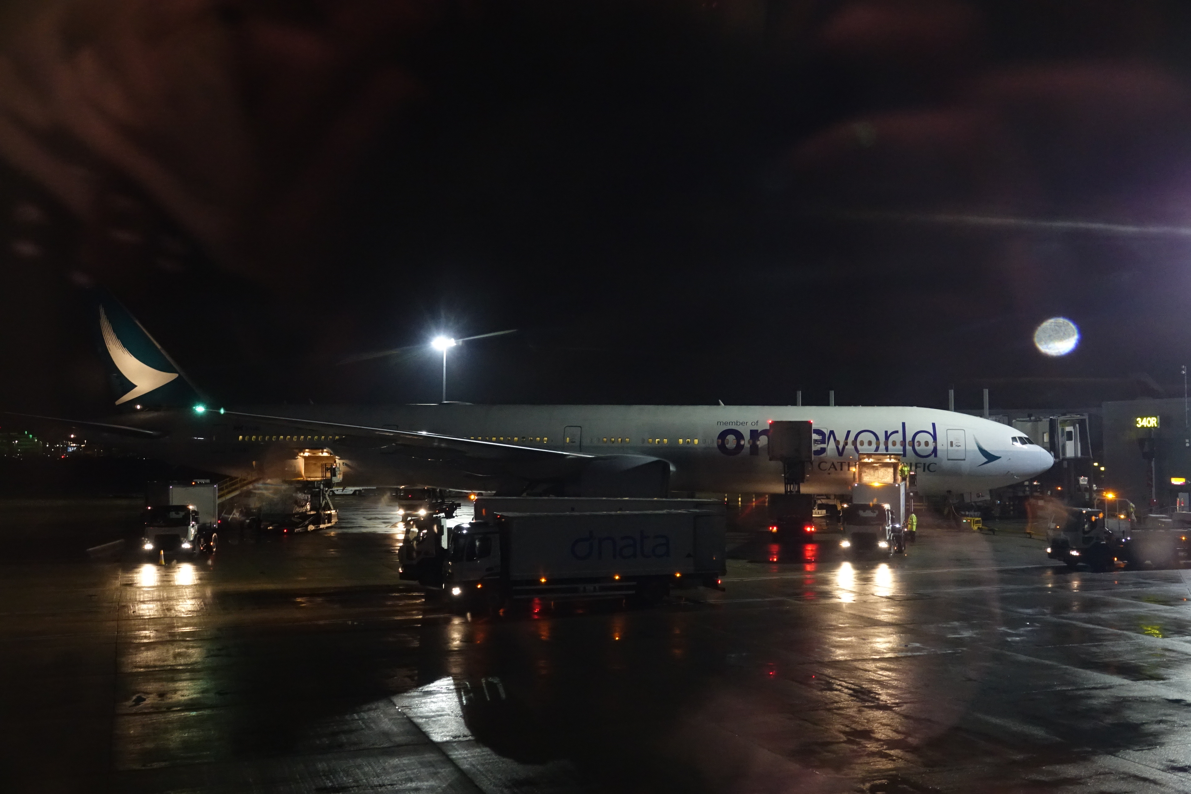 a plane at night with lights on