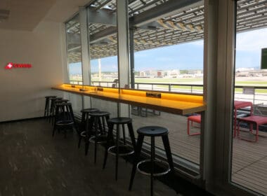 a row of stools in a room with a window