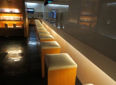 a row of stools in a restaurant