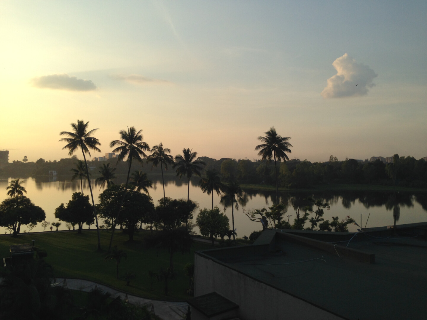 a body of water with trees and buildings in the background