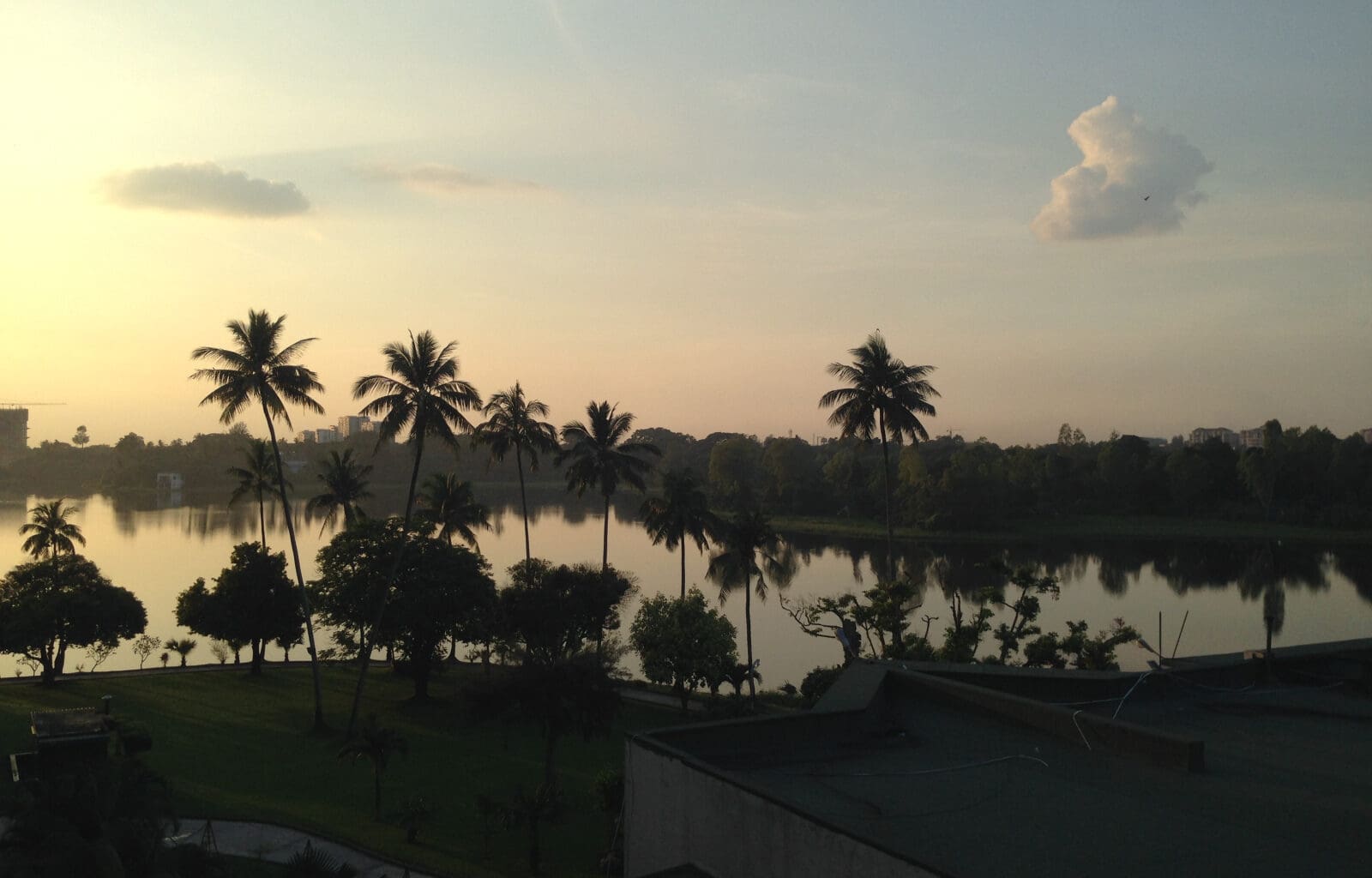 a body of water with trees and buildings in the background