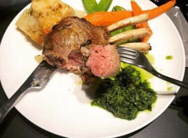 a plate of food with a fork and knife