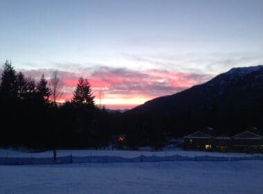 a snow covered ground with trees and a building in the background