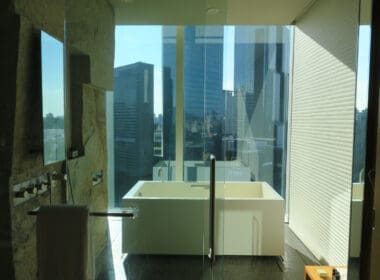 a bathroom with a large window