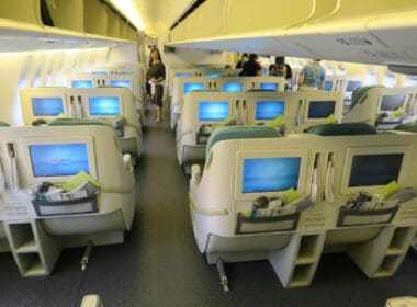 a person standing in an airplane