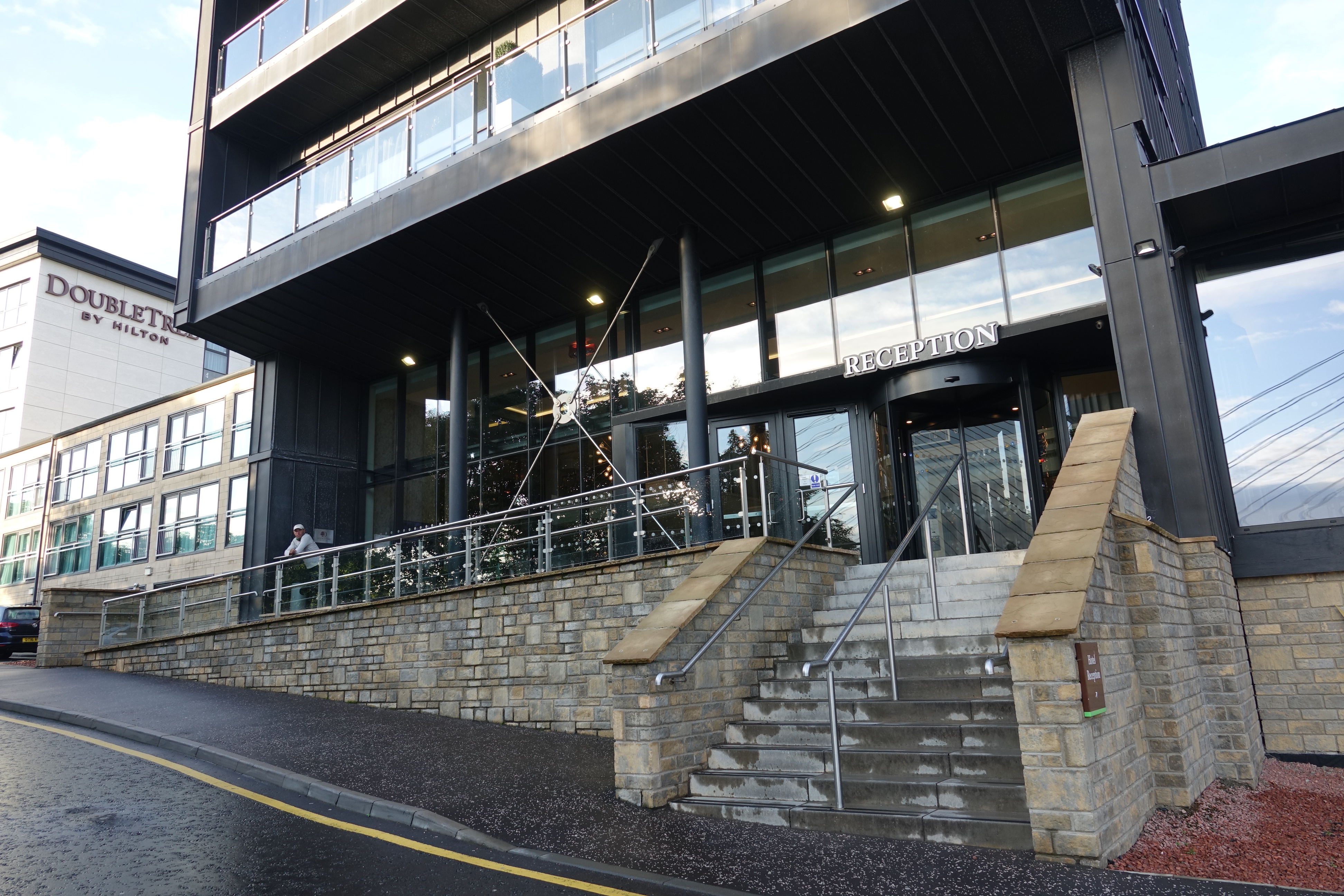 a building with stairs and railings