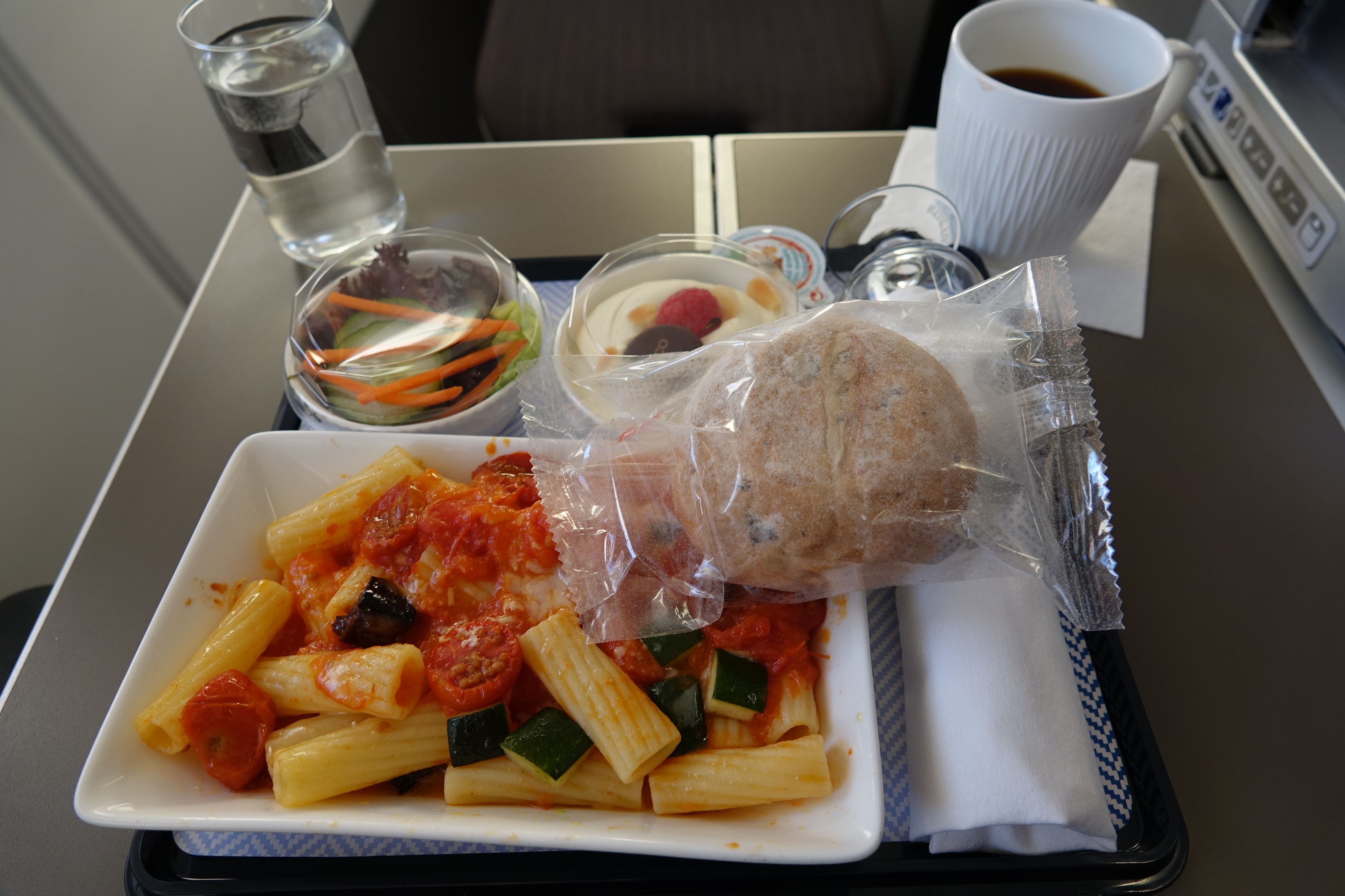 a plate of pasta and salad on a tray