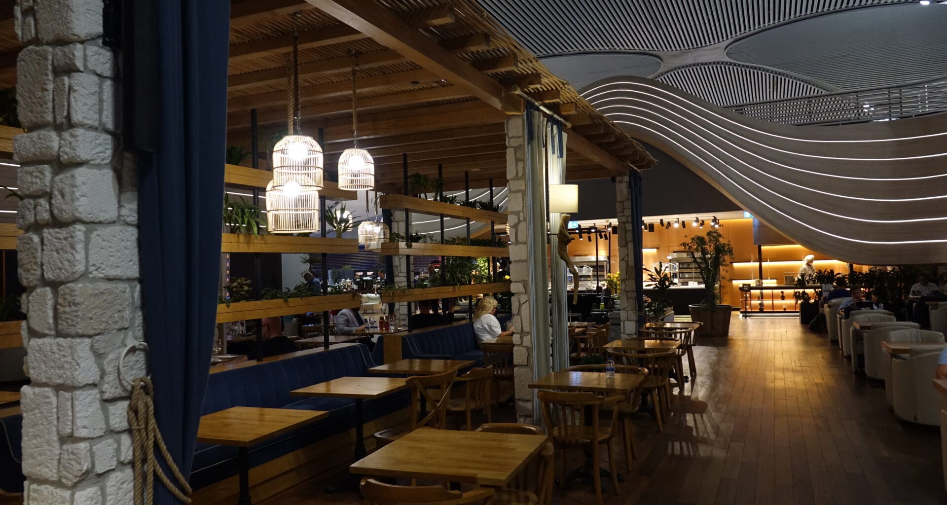 a restaurant with tables and benches