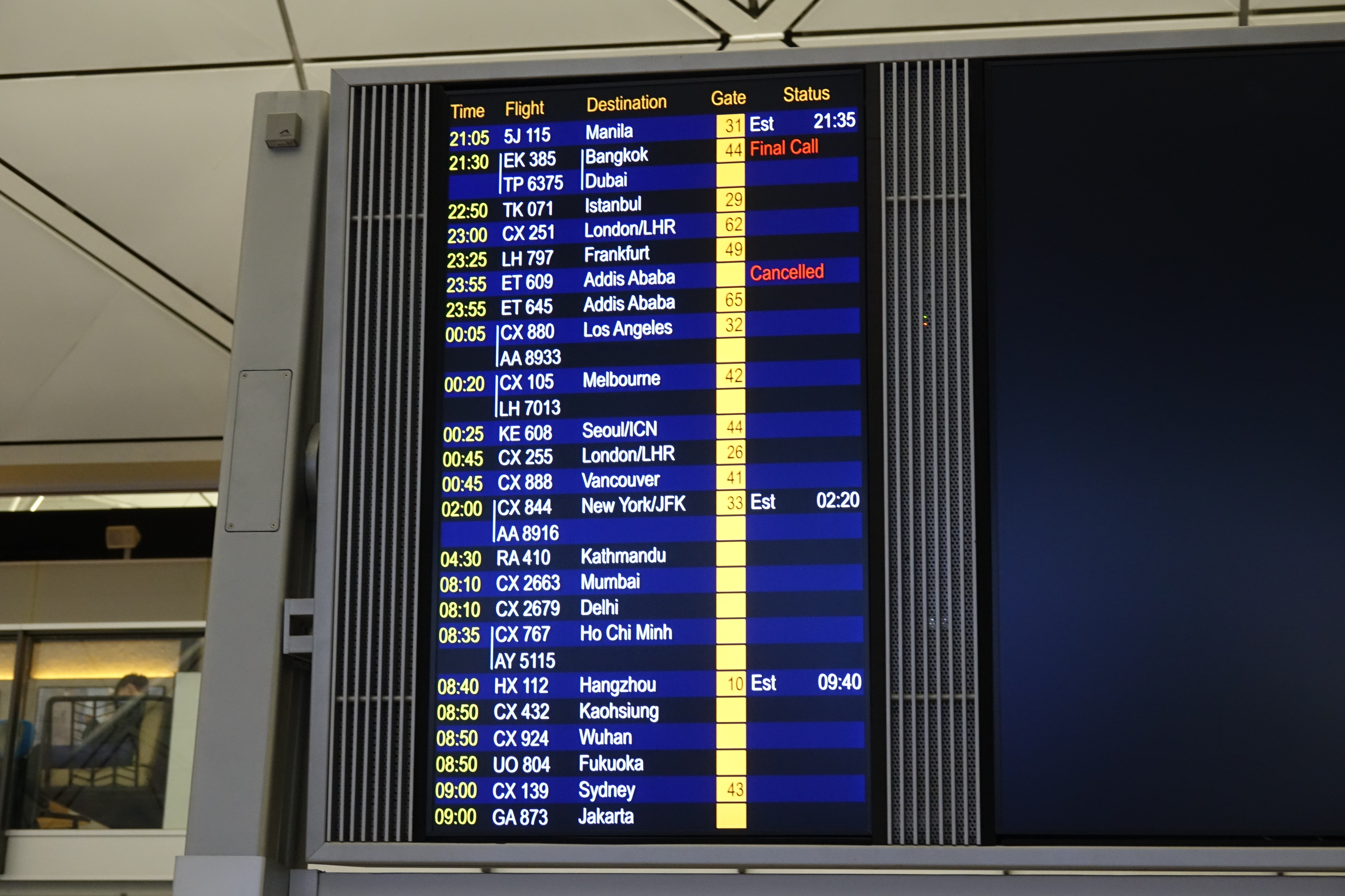 a screen with a number of flights