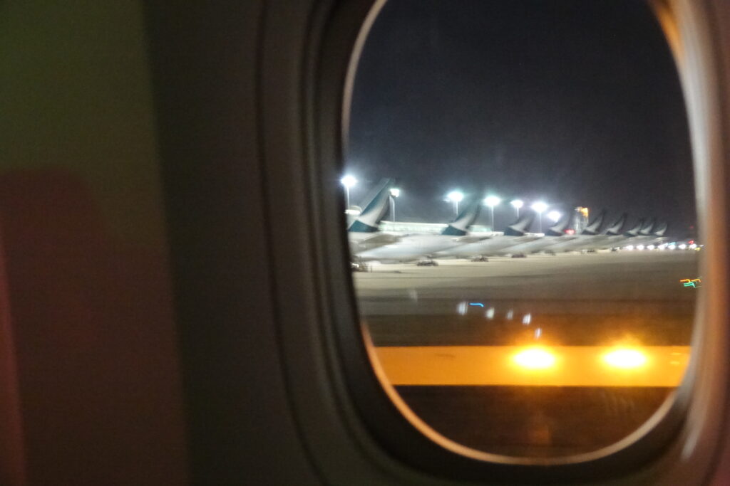 a window of an airplane at night