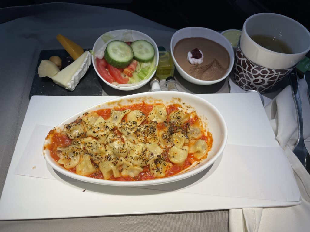 a plate of food on a tray