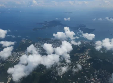 aerial view of a city and islands from above