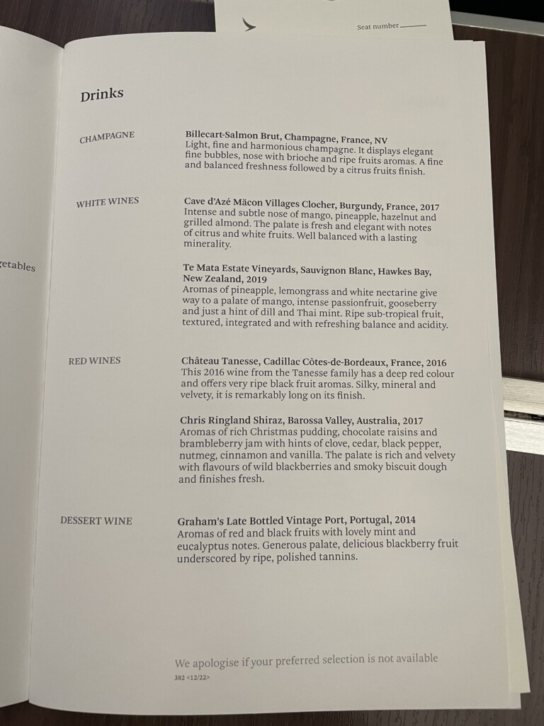 Cathay Pacific A350 Business Class Drinks Menu