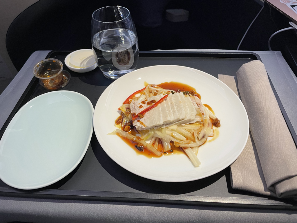 a plate of food on a tray