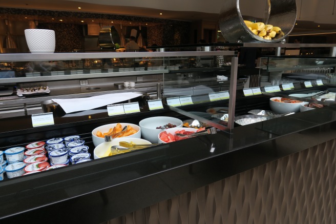 a buffet with food on the counter